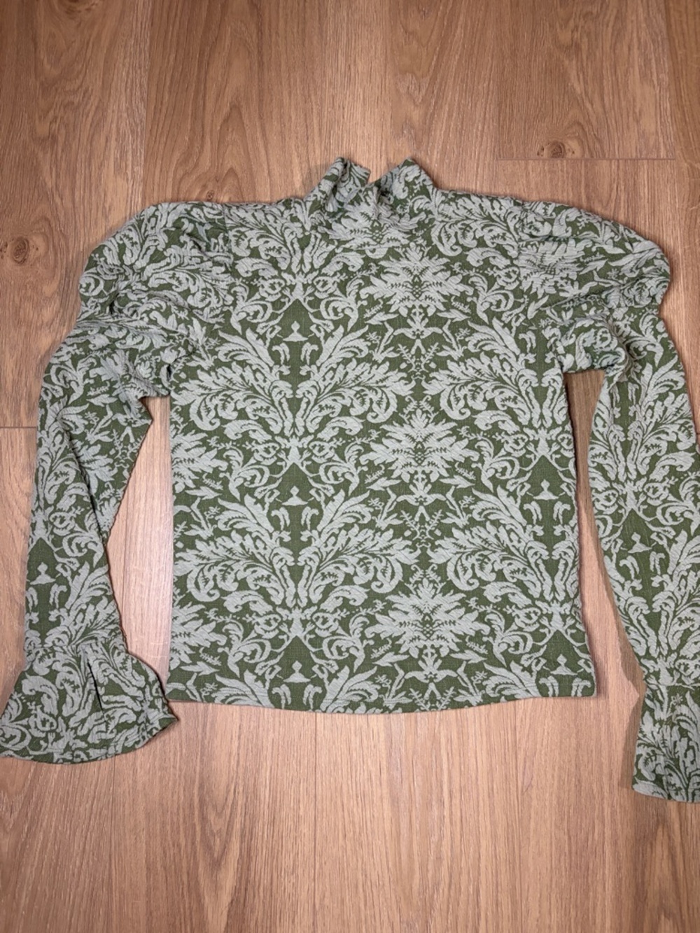 Anthropologie Olive Green Damask Mock Neck Long Sleeve Top